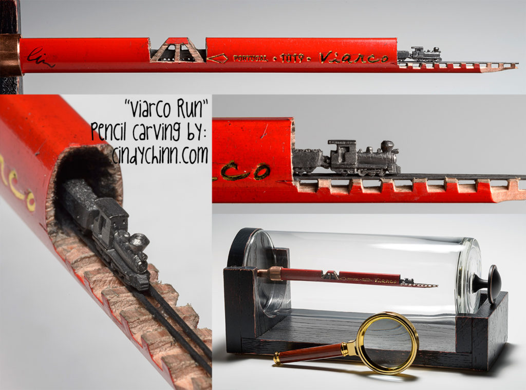 Train carved from a pencil lead by Cindy Chinn - Viarco Run