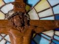 Christ-detail on carved pew by Cindy Chinn