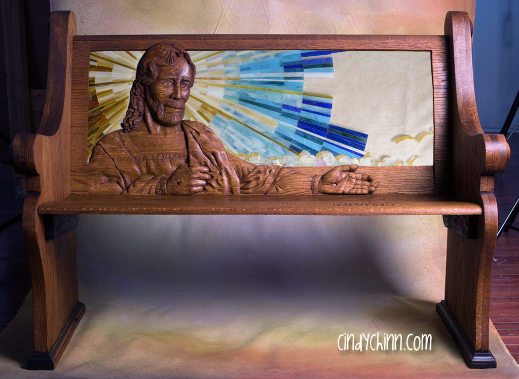 Hand Carved Church Pew with Glass Mosaic - in progress