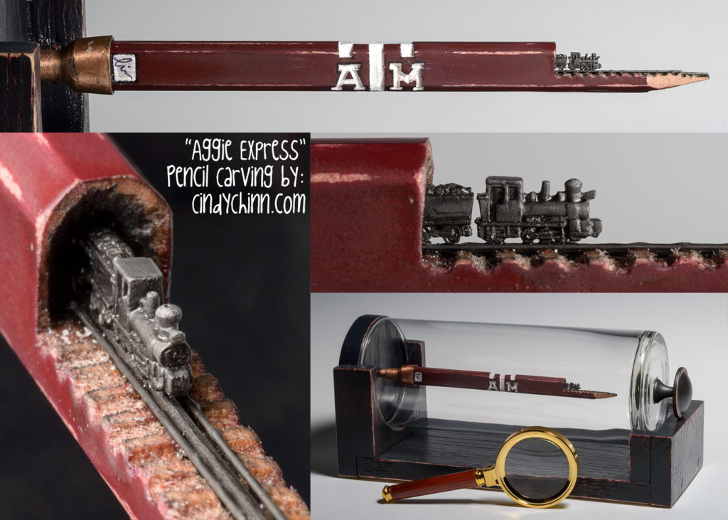 Train carved from a pencil lead by Cindy Chinn - Aggie Express