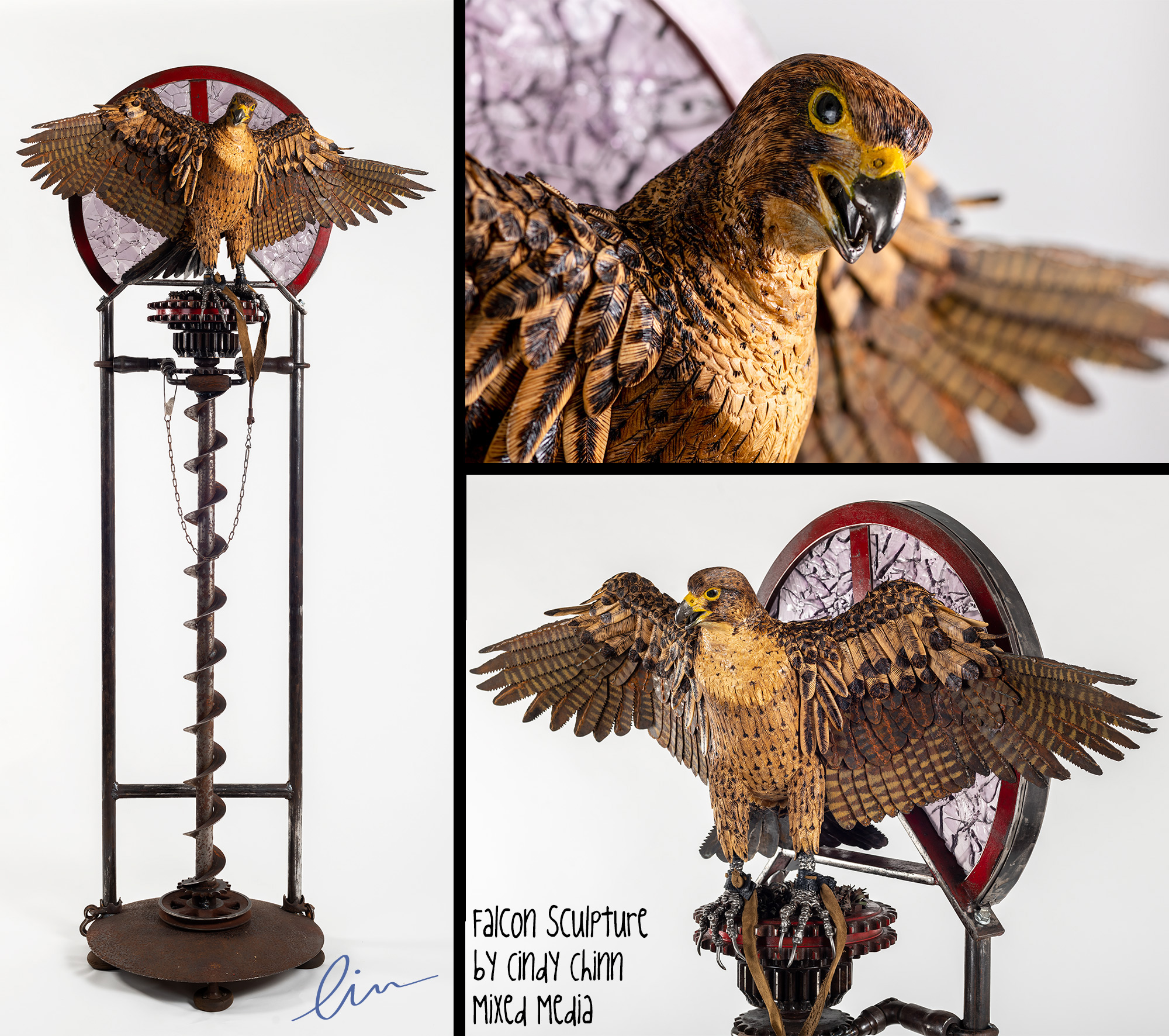 Falcon sculpture from metal and wood by Cindy Chinn