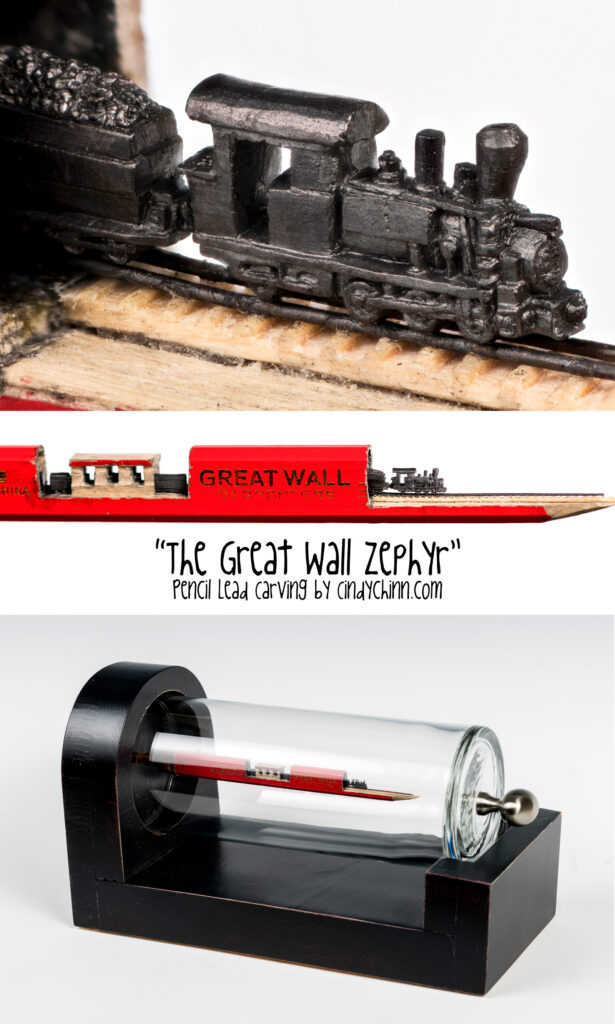 Great Wall Zephyr Train carved from a pencil lead - detailed work by Cindy Chinn