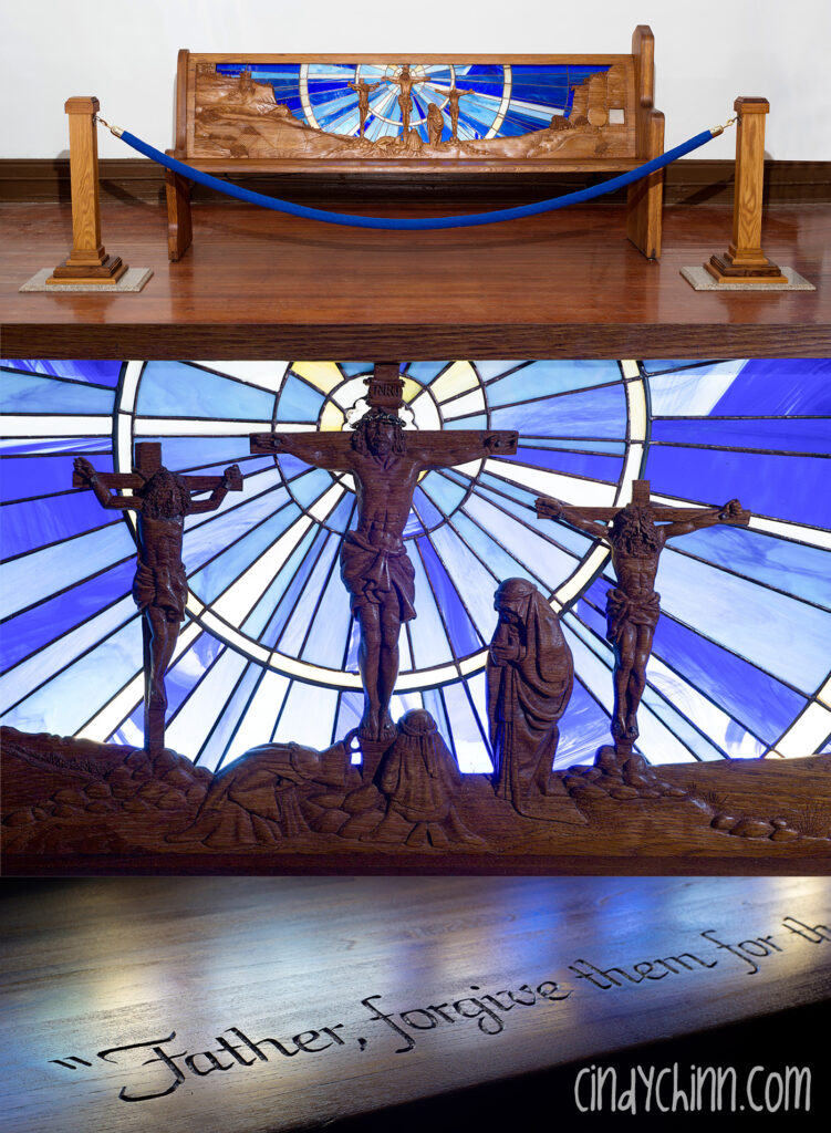 Hand Carved Church Pew with crucifixion scene by Cindy Chinn