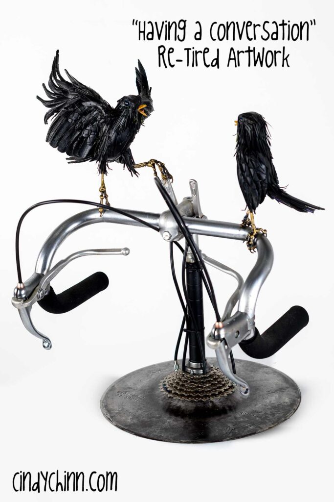 Blackbirds on Handlebars re tired artwork from bicycle parts by cindy chinn 2000