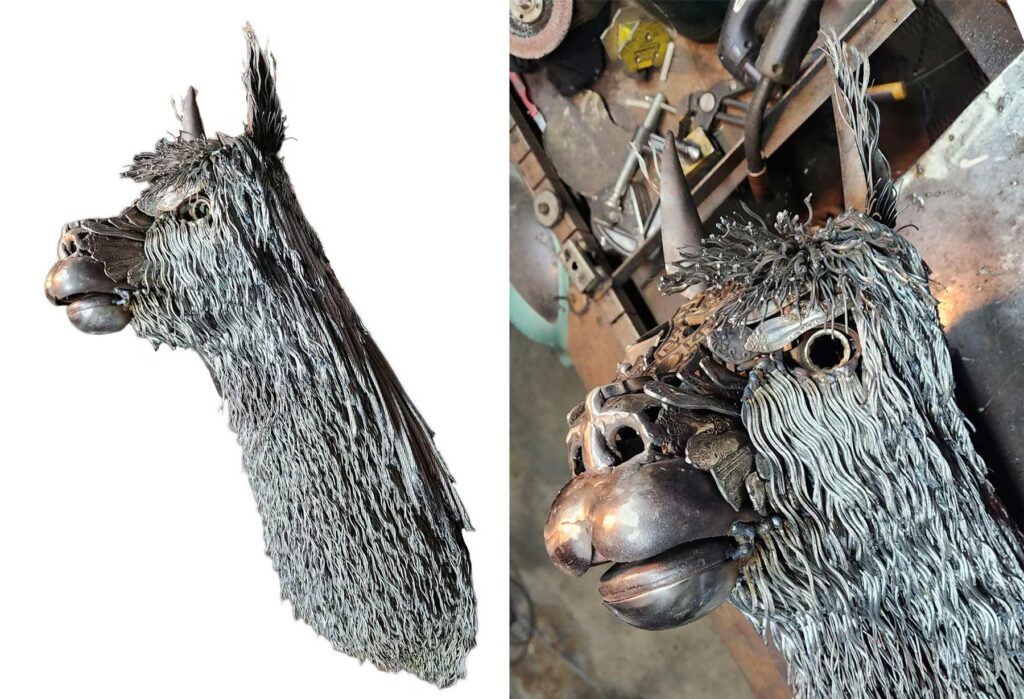 260212 Suri Alpaca sculpture scrap metal progress cindy chinn COMBO