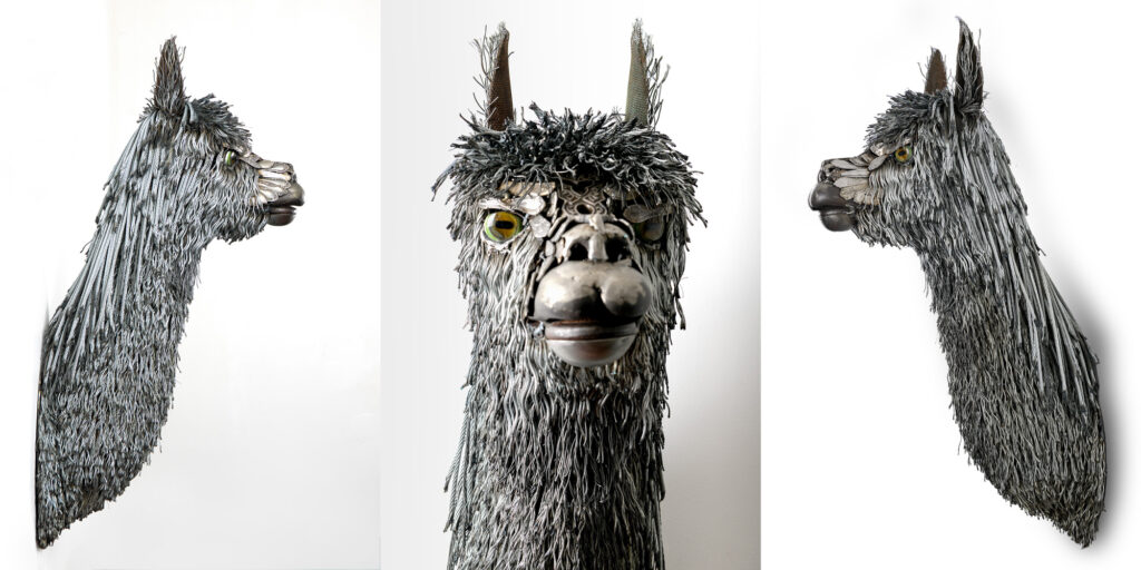 suri Alpaca Bust Sculpture scrap metal wire Cindy Chinn combo 2