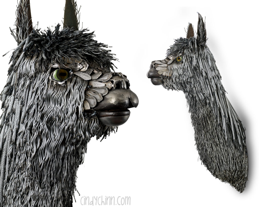 suri Alpaca Bust Sculpture scrap metal wire Cindy Chinn COMBO